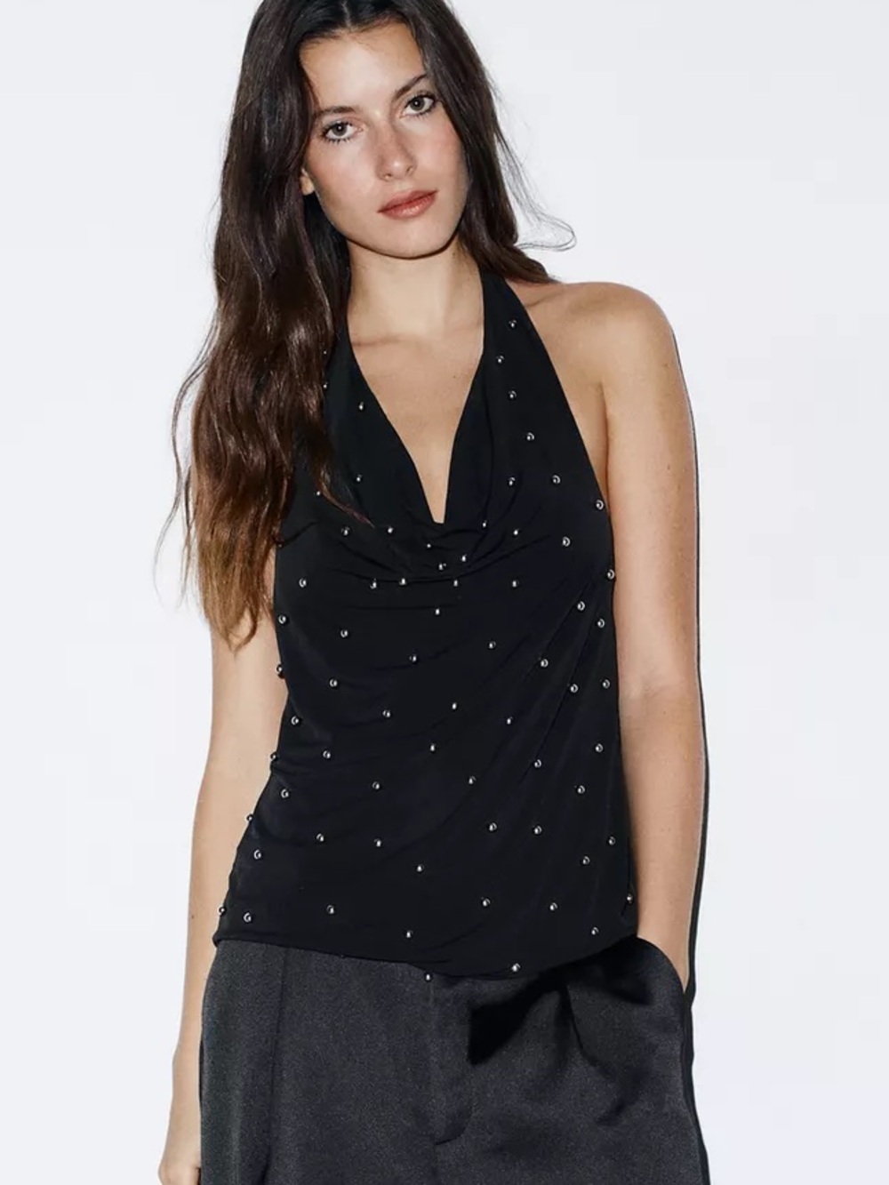Zara Black Embellished Asymmetrical Halter Cowl Neck Top